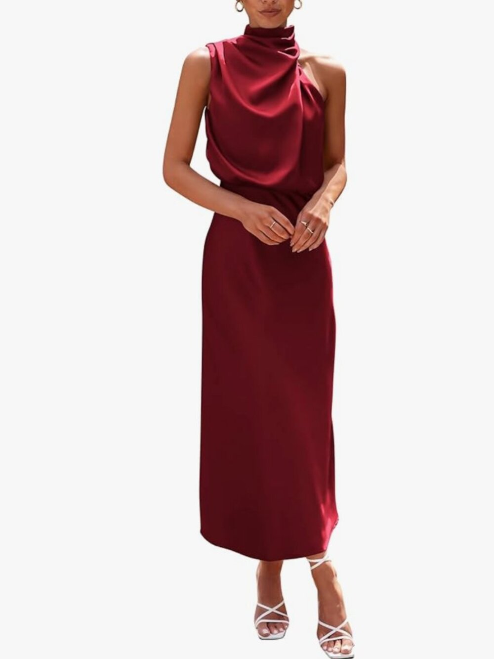 Satin Elegant Mock Neck Cocktail Party Dress Dark Wine Red